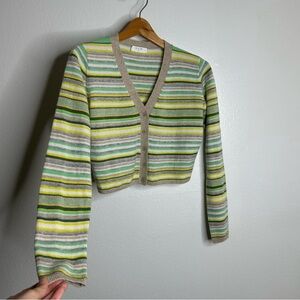OGD 100% Cashmere Striped Cropped Button Down Cardigan Sweater